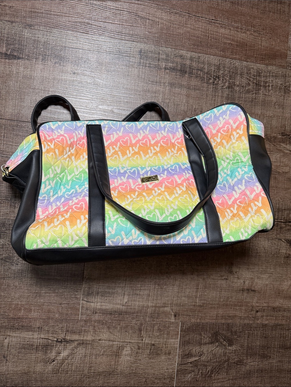 Betsey Johnson Rainbow Heart Pastel Travel Duffel Bag with Black Trim NWOT